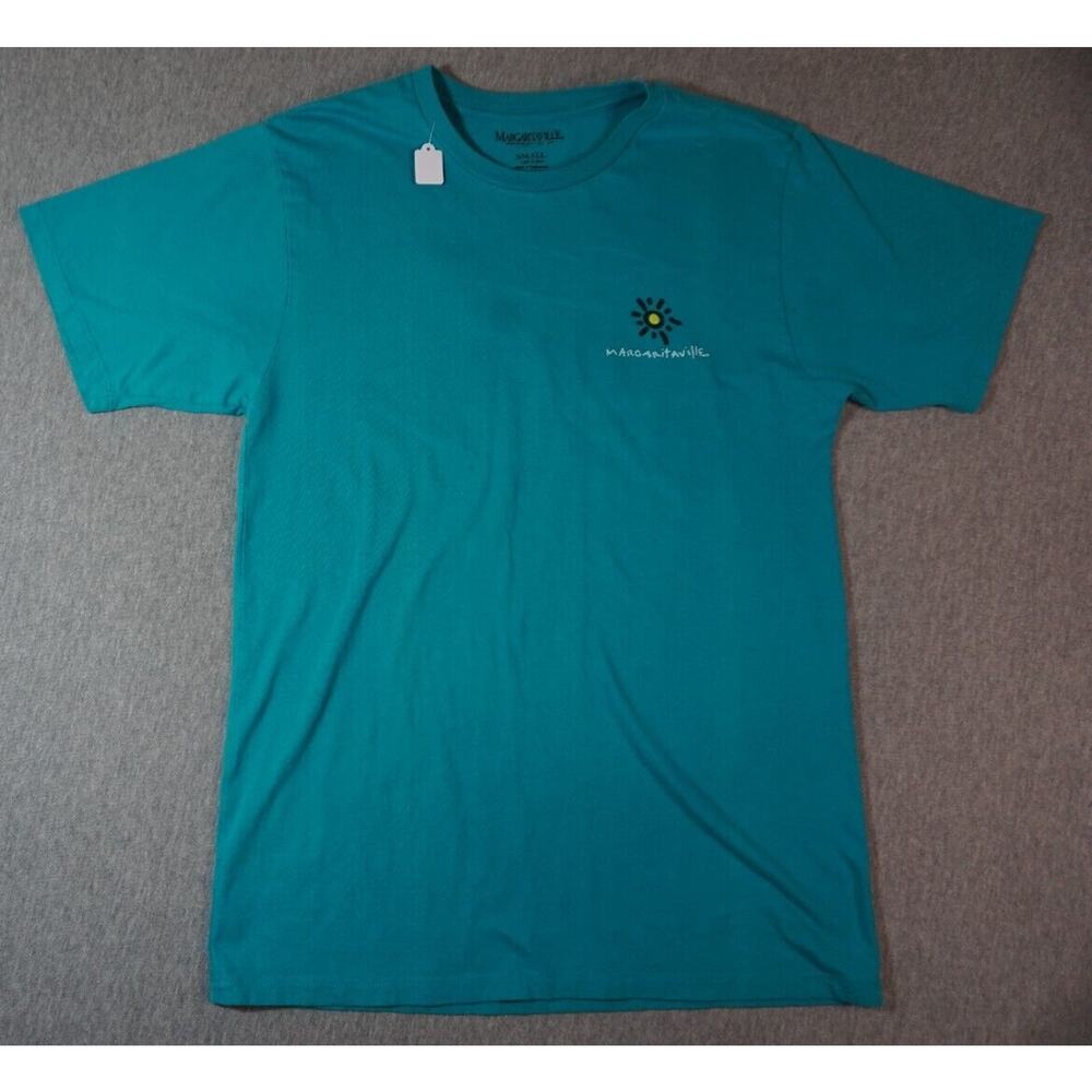 Margarittaville t-shirt Bicycle print on back Sz S Teal